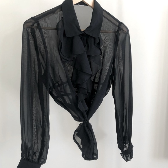 UNKOWN BRAND S Black Sheer Cascade Ruffle Blouse - Picture 3 of 12
